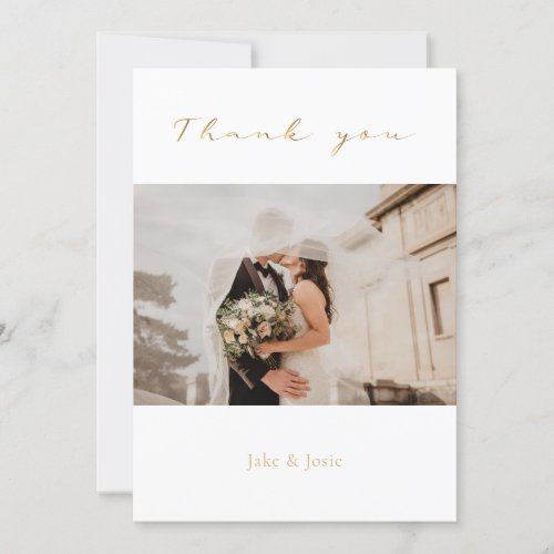 Wedding photo gold script modern wedding thank you card