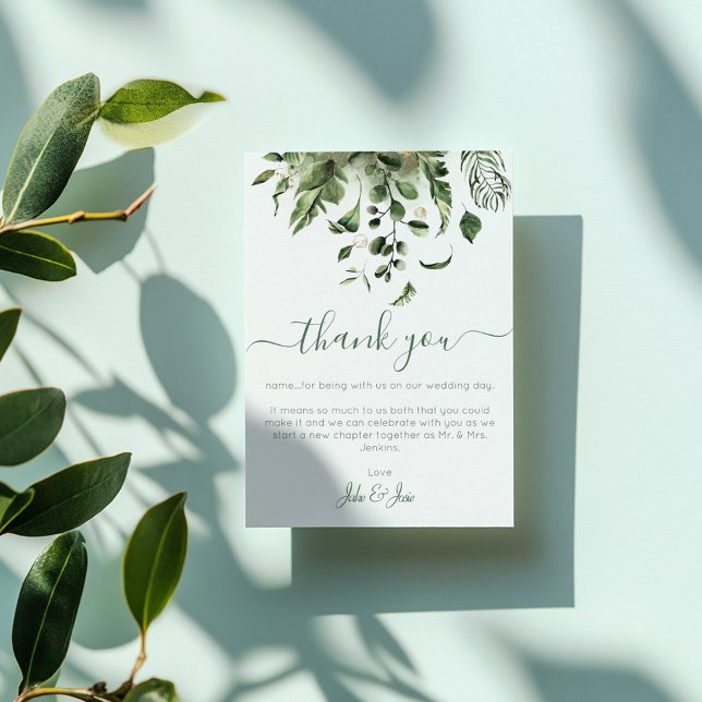 Wedding photo, green house plant leaves wedding thank you card (Wedding photo, green leaves wedding thank you card)