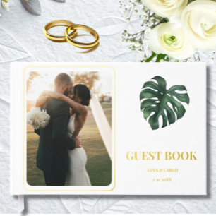 Wedding Photo Green Leaf Monstera  Foil Guest Book