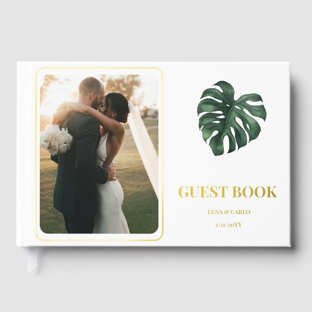 Wedding Photo Green Leaf Monstera Wedding Foil Guest Book (Front)