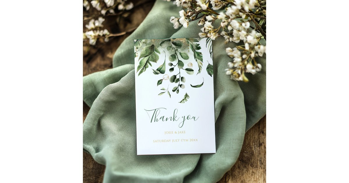 Wedding photo, green leaves garden wedding thank you card | Zazzle