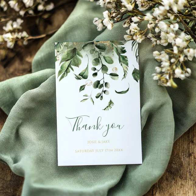 Wedding photo, green leaves garden wedding thank you card | Zazzle