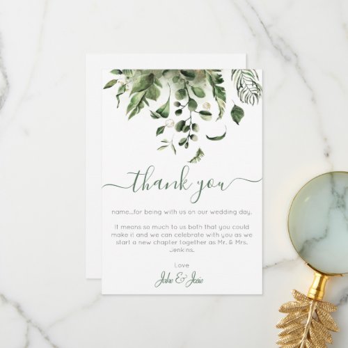 Wedding photo green leaves wedding thank you card