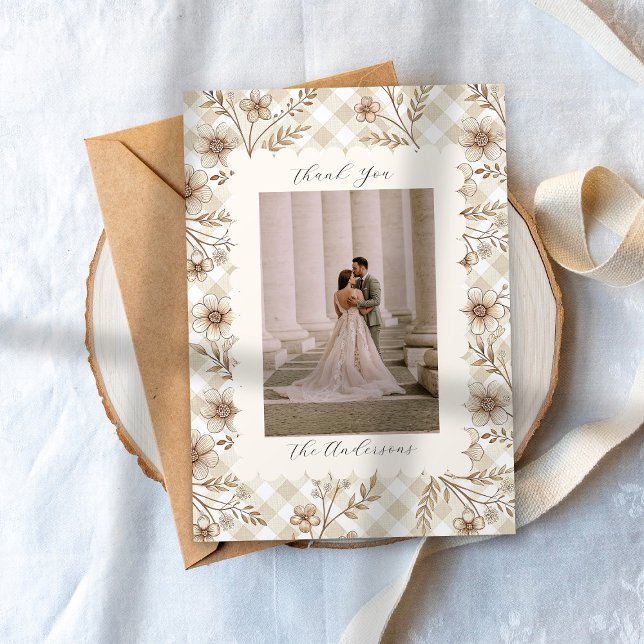 Wedding Photo Guest Appreciation Gingham Floral Thank You Card (Creator Uploaded)