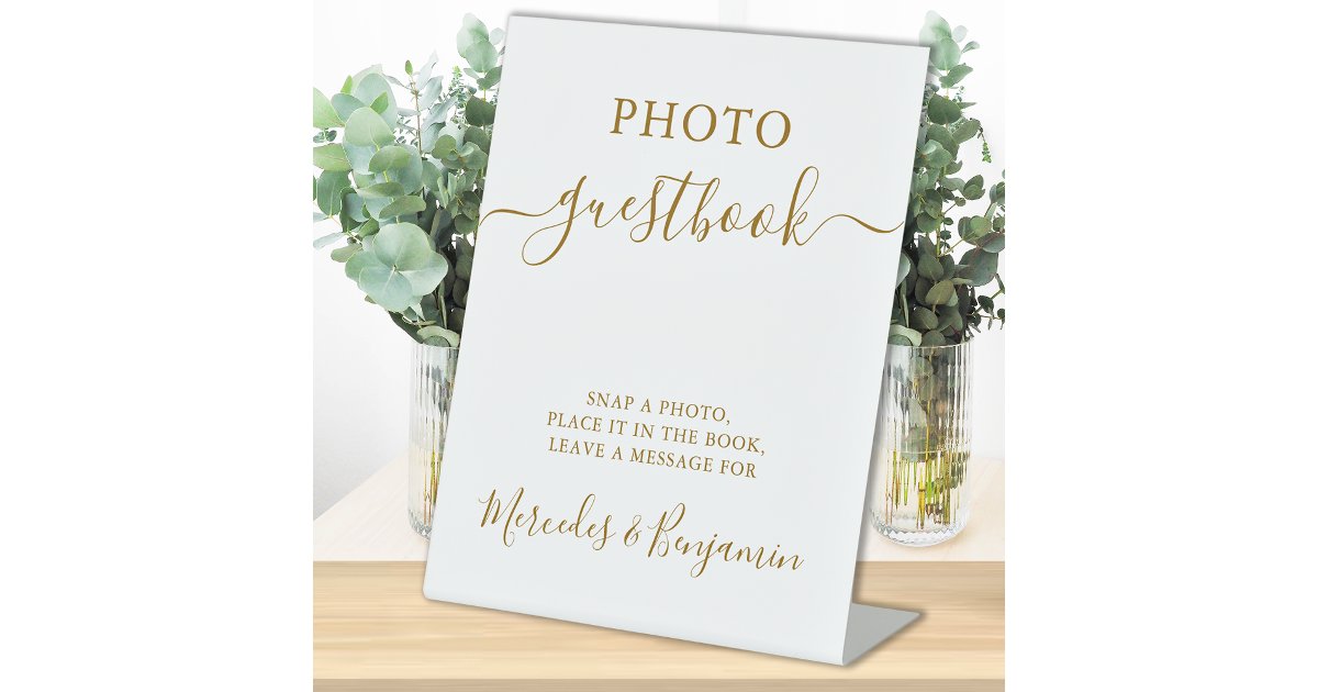 Wedding Photo Guest Elegant Gold Calligraphy Pedestal Sign | Zazzle