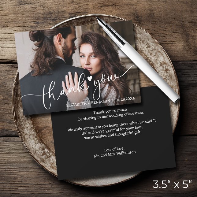 Wedding Photo Hand-Lettered Budget Thank You Note Card (3.5" x 5" wedding photo thank you note cards with your message on the back)