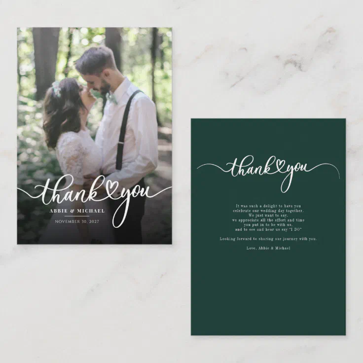 Wedding Photo Hand-Lettered Love Heart Thank You Note Card | Zazzle