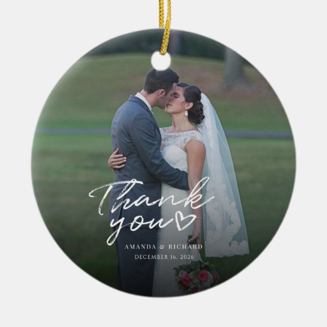 Wedding Photo Hand-Lettered Thank You Ceramic Ornament (Front)