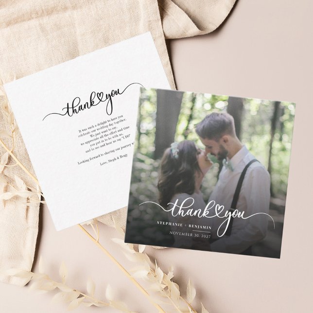 Wedding Photo Hand-Lettered Thank You Note Card (Wedding Day Couple Photo Script Thank You Card)