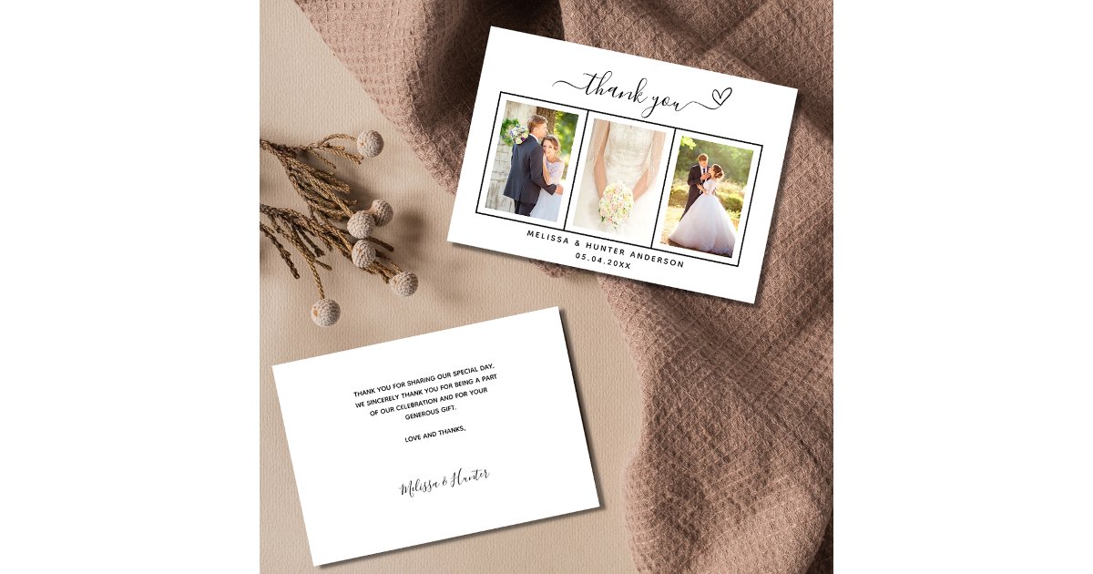 Wedding photo heart simple script elegant thank you card | Zazzle