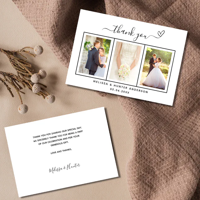 Wedding photo heart simple script elegant thank you card | Zazzle