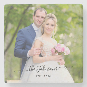 Wedding Photo Heart Swash Signature  Stone Coaster