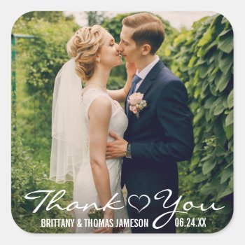 Wedding Photo Heart Thank You Square Sticker by HappyMemoriesPaperCo at Zazzle