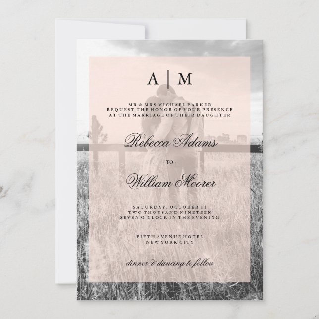 Wedding Photo Invitation with Blush Pink Overlay (Front)