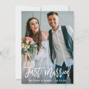 Wedding Photo Just Married Brush Script Modern Announcement