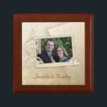Wedding Photo Keepsake Box<br><div class="desc">Elegant wooden box, with graphic tile lid. Lovely graphics of a tan colored damask, with a rectangular photo area, decorated with swirls. Custom text, at the bottom, is ready to personalize to read anything you want. Add your own wedding photograph and text to make this a special keepsake from your...</div>