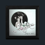 Wedding Photo Keepsake Box<br><div class="desc">Elegant black wooden box, with graphic tile lid. Lovely graphics of a pale green colored damask, with a circular photo area, decorated with flowers. Custom text, at the bottom, is ready to personalize to read anything you want. Add your own wedding photograph and text to make this a special keepsake...</div>