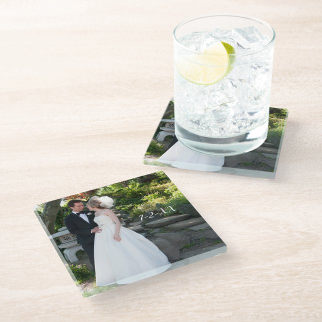 Wedding Photo Keepsake Wedding Date Glass Coaster (Angled)