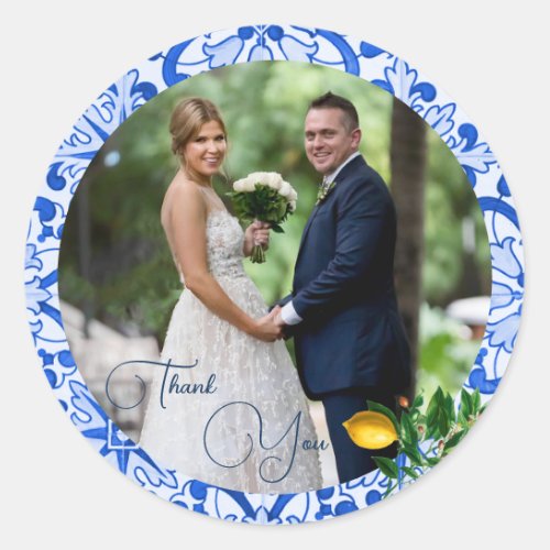  Wedding Photo Lemon Blue Tile Thank You  Classic Round Sticker