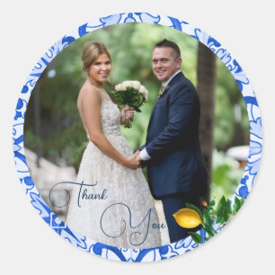 Wedding Photo Lemon Blue Tile Thank You Classic Round Sticker