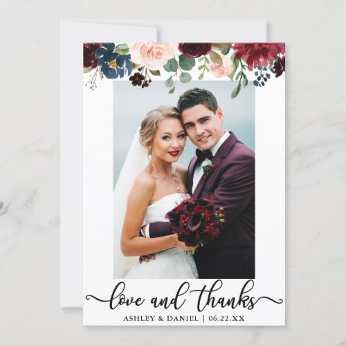 Wedding Photo Love and Thanks Burgundy Blue Floral Thank You Card