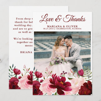 Wedding Photo Love and Thanks Card Burgundy Pink
