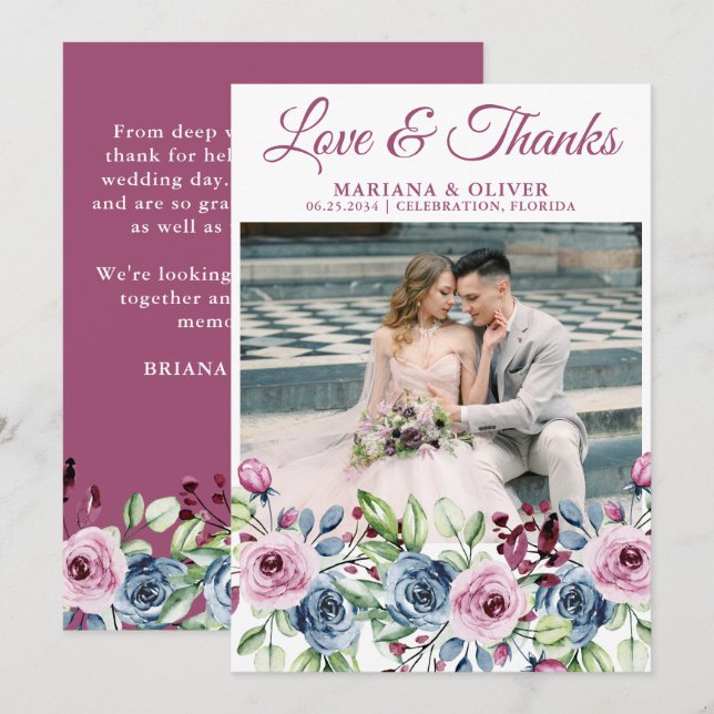 Wedding Photo Love and Thanks Card Navy Blue Wine (Front/Back)