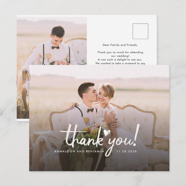 Wedding Photo Love Heart Script Thank You Postcard (Front/Back)
