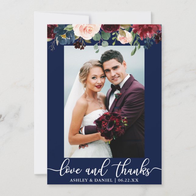Wedding Photo Love Thanks Burgundy Blue Floral Thank You Card (Front)