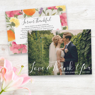 Wedding Photo Love &amp; ThankYou Watercolor Flowers Thank You Card