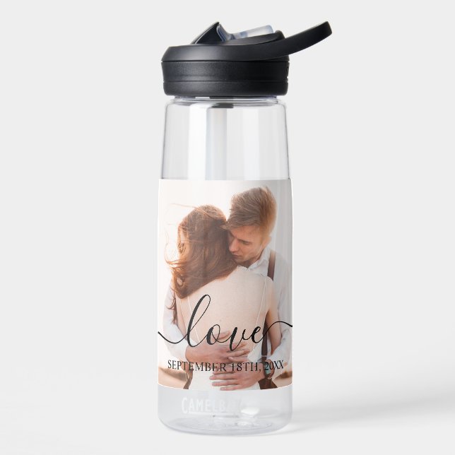 Wedding Photo Memory Love Script Anniversary  Water Bottle (Left)