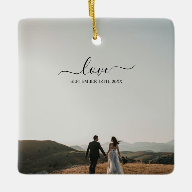 Wedding Photo Memory Love Script Wedding Ceramic Ornament (Front)
