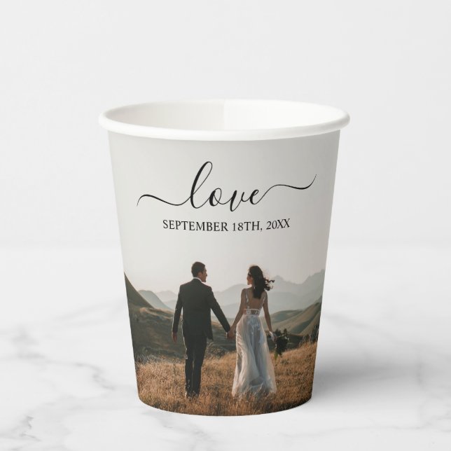 Wedding Photo Memory Love Script Wedding  Paper Cups (Left)