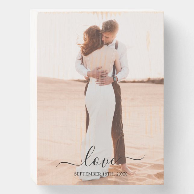 Wedding Photo Memory Love Script Wedding Wooden Box Sign (Front Vertical)