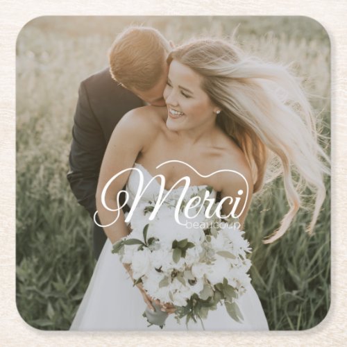 Wedding Photo Merci Beaucoup Classic  Square Paper Coaster