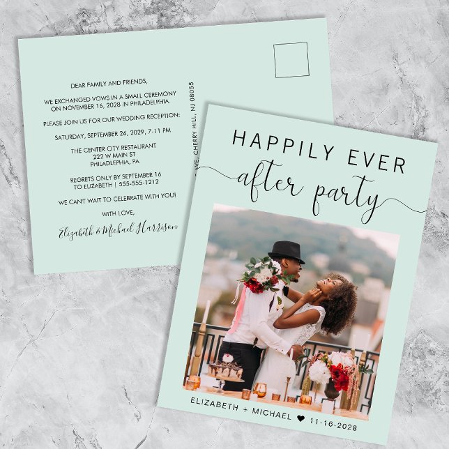 Wedding Photo Mint Happily Ever After Party Invitation Postcard (Creator Uploaded)