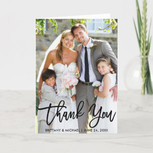 Wedding Photo Modern Brush Script Fold Thank You Card