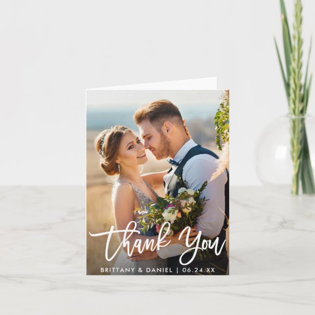Wedding Photo Modern Brush Script Note Thank You W Card (Front)