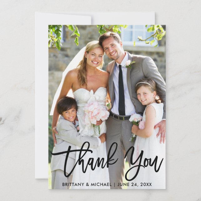 Wedding Photo Modern Brush Script Thank You Card (Front)