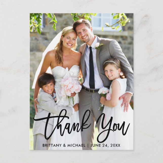 Wedding Photo Modern Brush Script Thank You Postcard (Front)