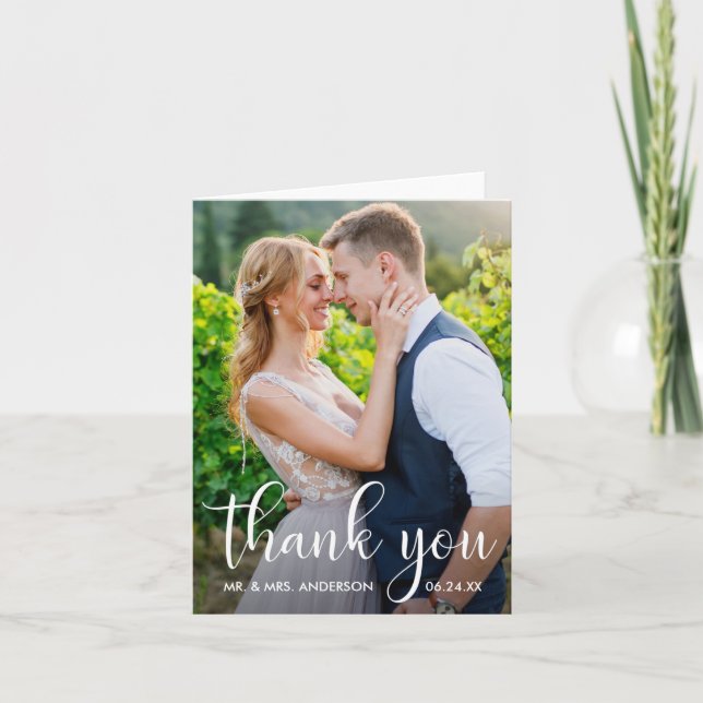 Wedding Photo Modern Calligraphy Script Note Thank You Card (Front)