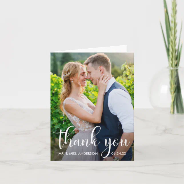 Wedding Photo Modern Calligraphy Script Note Thank You Card | Zazzle
