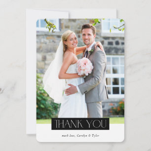 WEDDING PHOTO modern chic serif black white block Thank You Card