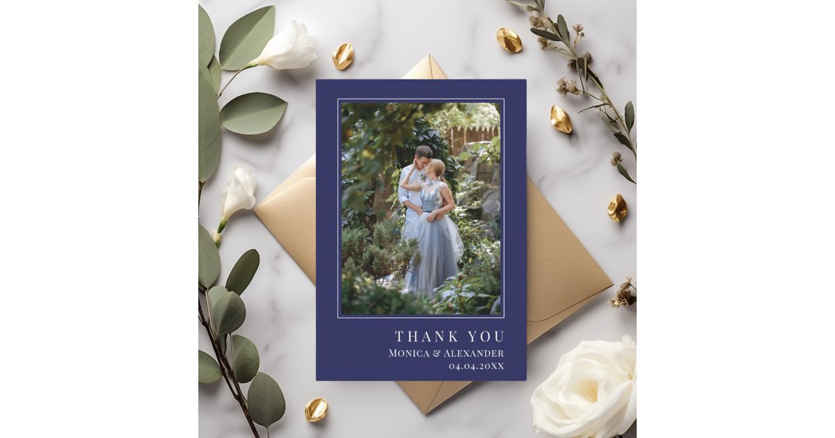 Wedding photo modern simple navy blue thank you card | Zazzle