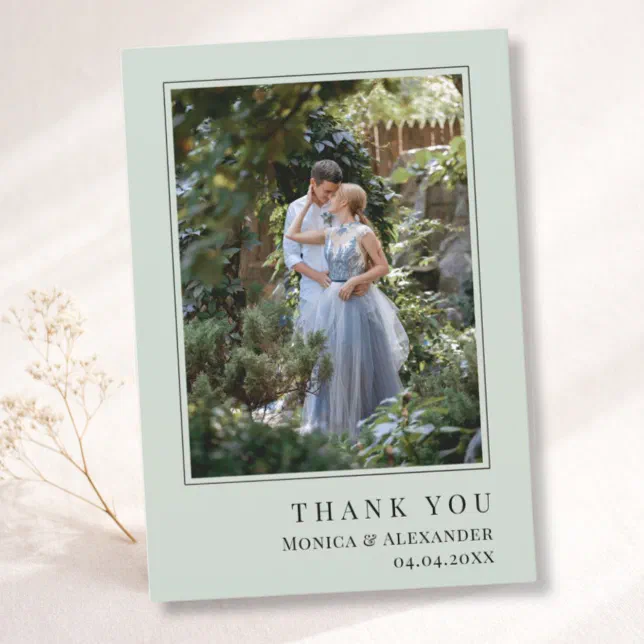 Wedding photo modern simple sage green thank you card | Zazzle