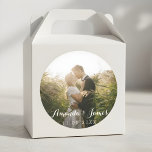Wedding Photo Modern Whimsical Script Classic Round Sticker<br><div class="desc">Wedding photo featuring modern white whimsical script.</div>
