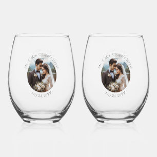 Wedding Photo Mr. and Mrs. Personalized Elegant Stemless Wine Glass