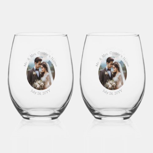 Wedding Photo Mr and Mrs Personalized Elegant Stemless Wine Glass