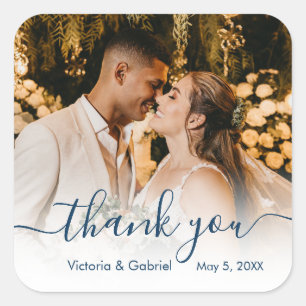 Wedding Photo Navy Script Photo Thank You Square Sticker