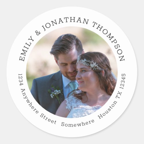 Wedding Photo Newlyweds Return Name Address Classic Round Sticker